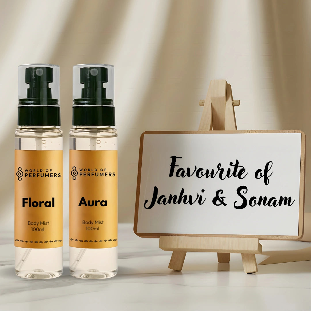 Two bottles of 'World of Perfumers' body mist which are favourite of Janhvi & Sonam.
